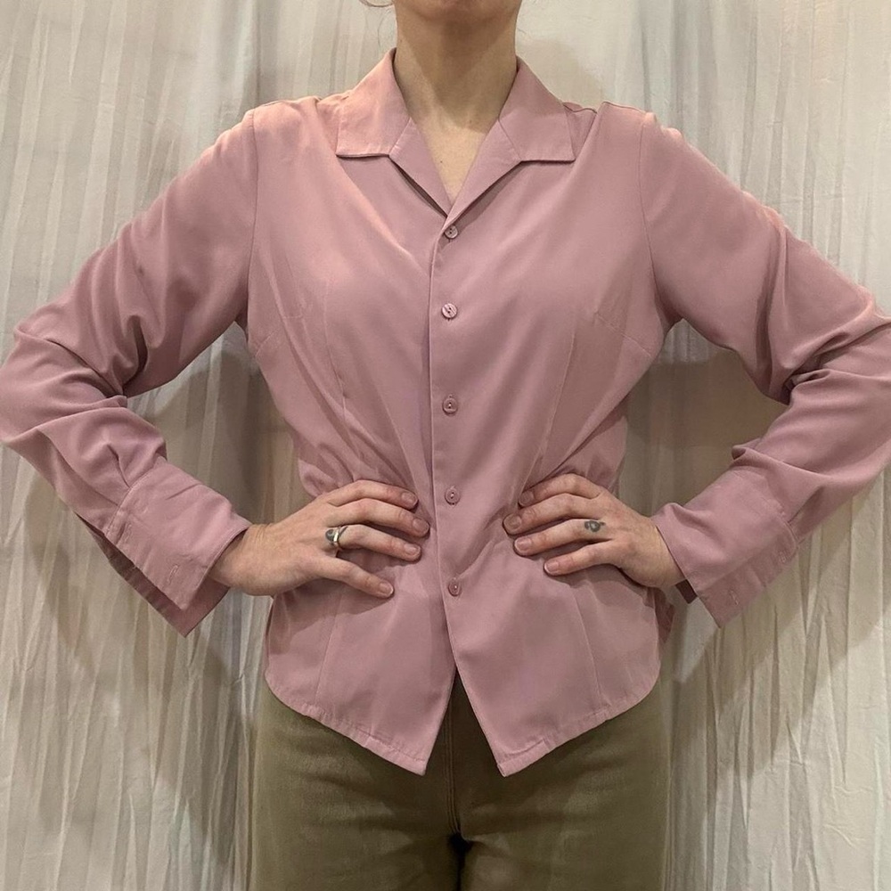 Dusty Pink Button Down Blouse Vintage 90s Roll Up Long Sleeves - Picture 5 of 8